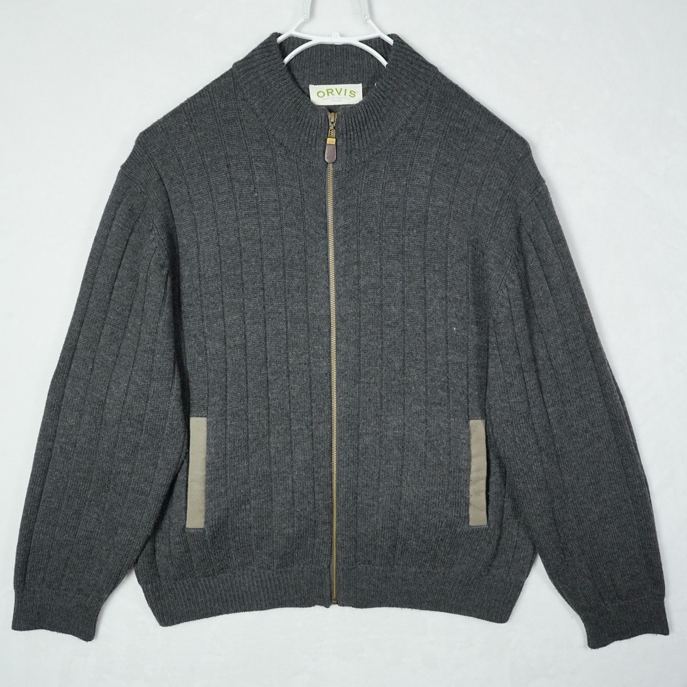 Orvis Mens XL Charcoal Gray Merino Wool Ribbed Full Zip Cardigan Sweater Elbow